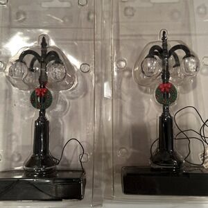 2- Village Gas Lantern Street Lamps Wreath Red Bow Lighted Accessory Set of 2